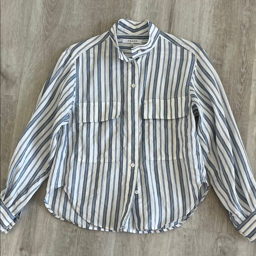 FRAME Clean Safari Striped Linen Blend Shirt Button Down Stand Collar Womens XS - Picture 3 of 15